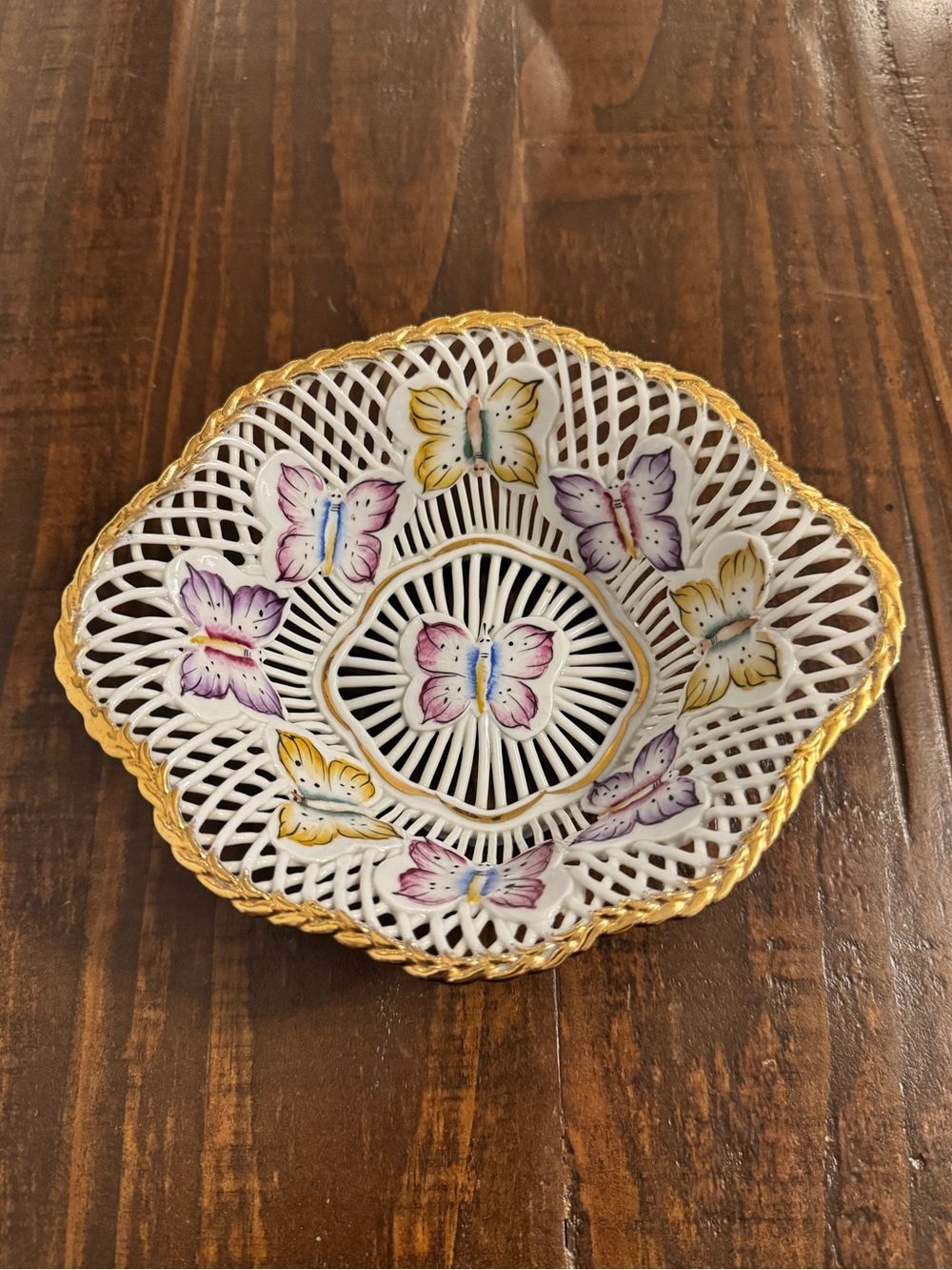 Vintage Porcelain Butterfly Dish | Lattice Openwork & Gold Trim